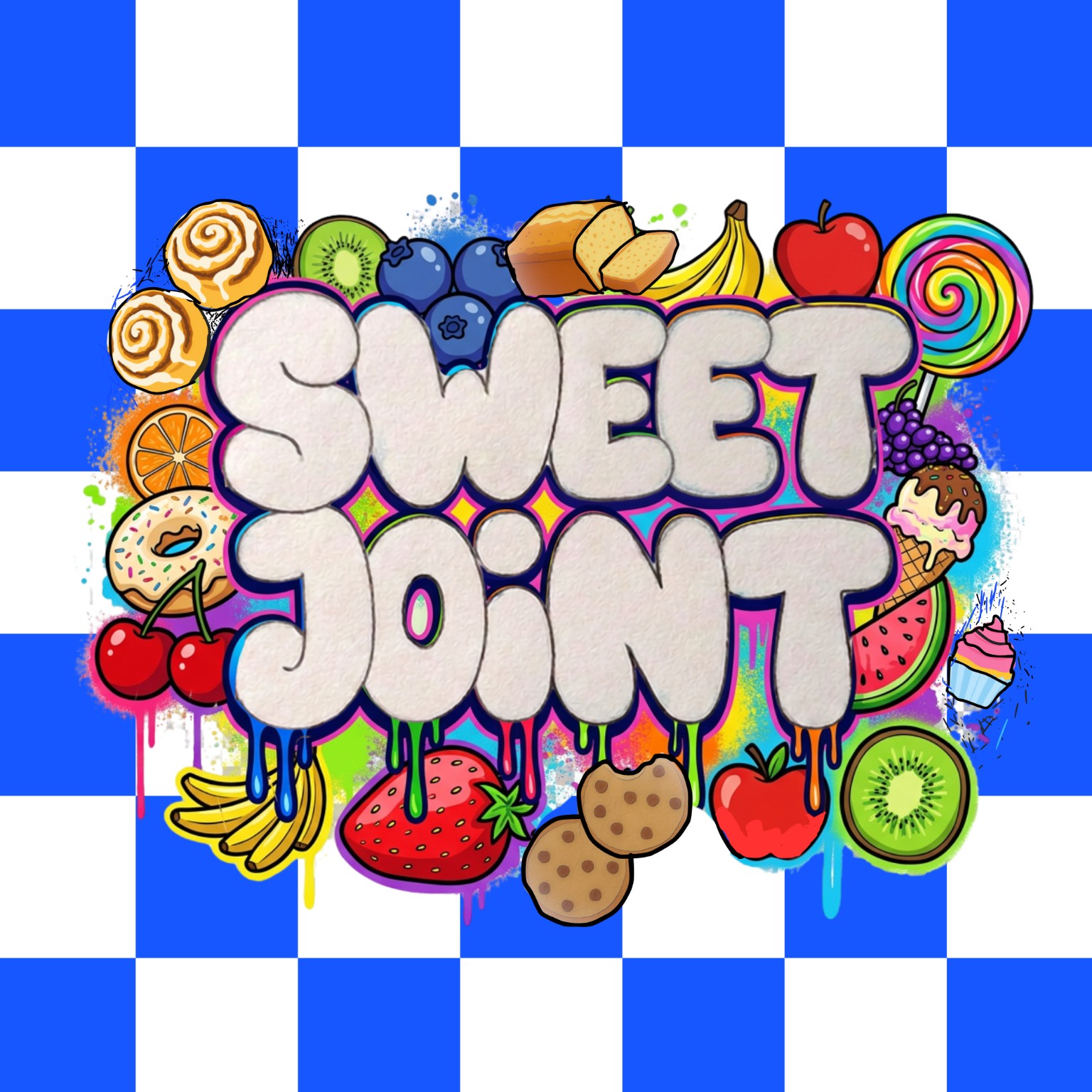 The Sweet Joint Bakery colorful Sweet Joint logo on a blue-and-white checkerboard background
